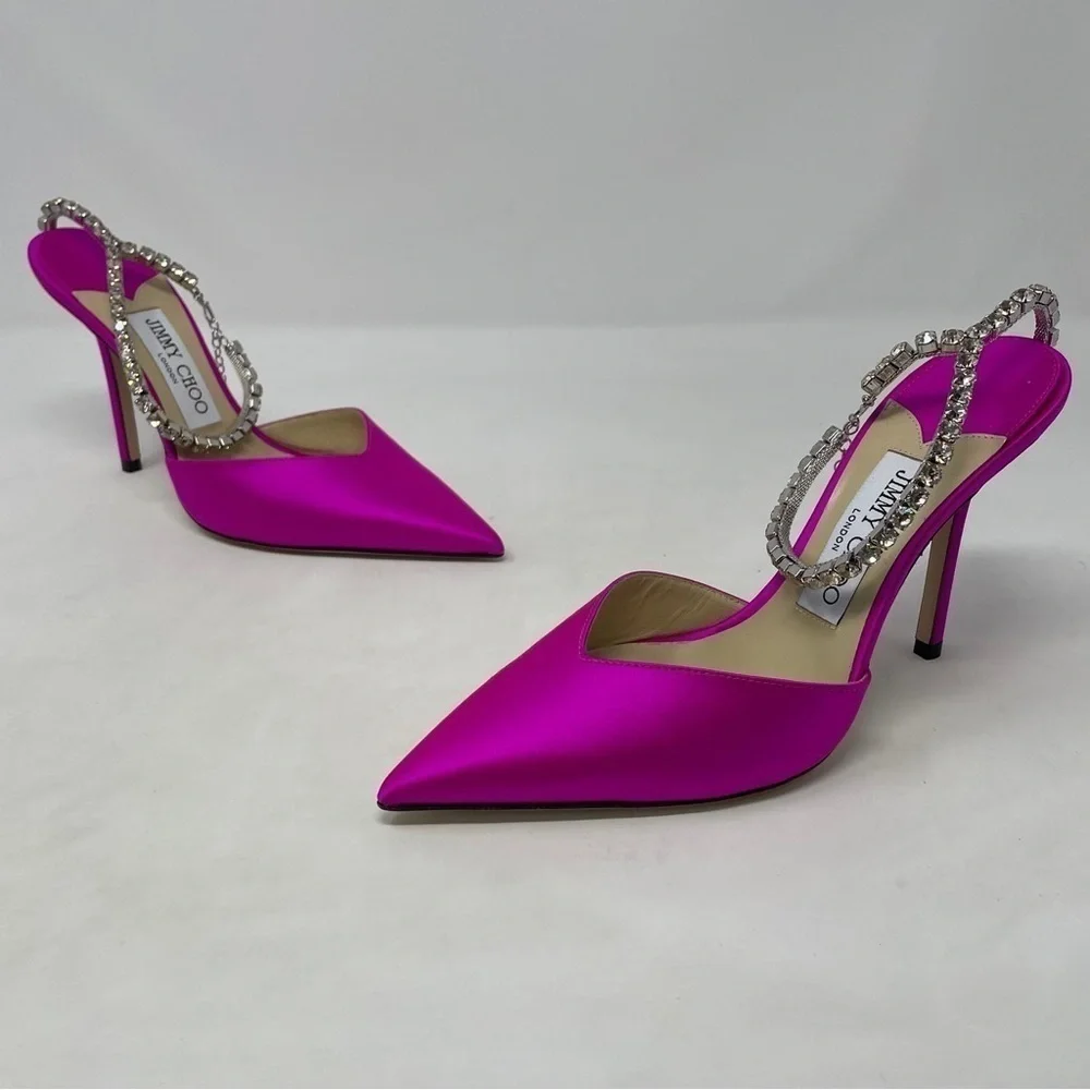 Jimmy Choo Saeda‎ 100mm Ankle Strap Pumps in Fuschia Satin with Crystal Chain - Picture 11 of 16